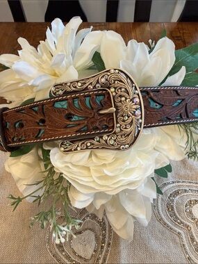 Ariat Brown Leather Western Belt with Turquoise Inlay and Ornate Buckle